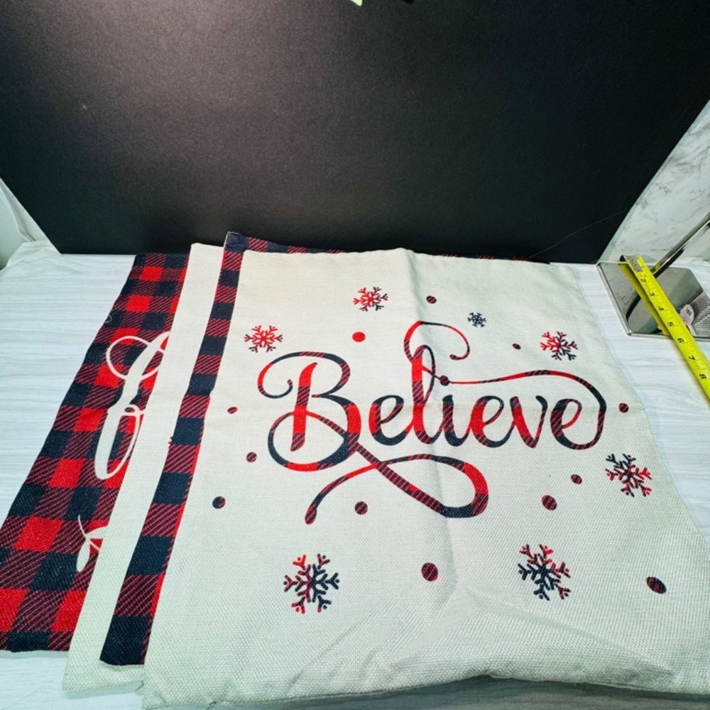 4 WINTER Pillow covers 17x17 Believe,family, Home And Let It Snow.